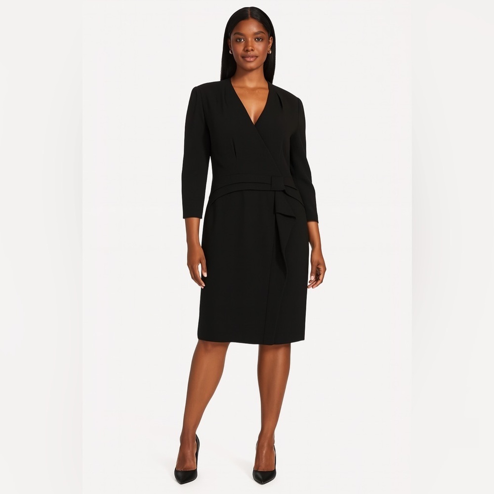 Gerard Darel Black Faux Wrap Dress Size 14 Long Sleeve Belted Knee Length